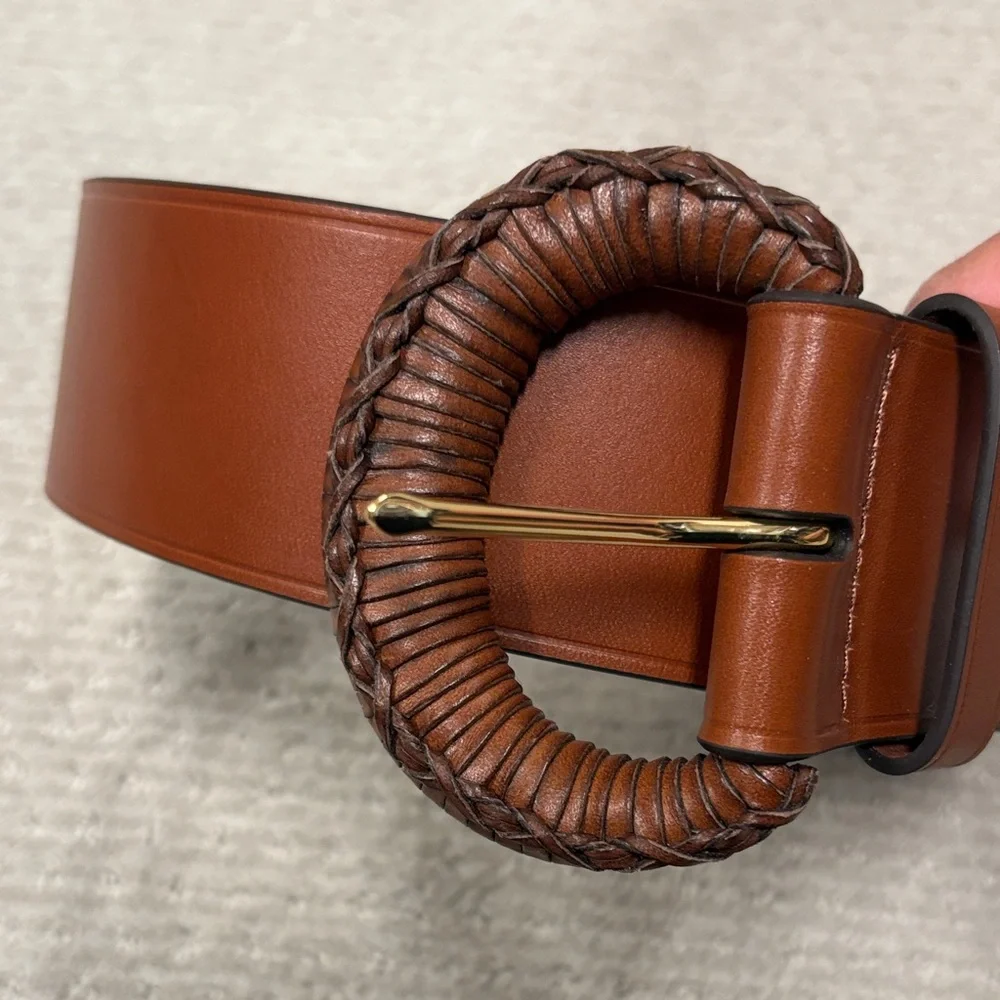Ralph Lauren Brown Leather Belt with Woven Round Buckle